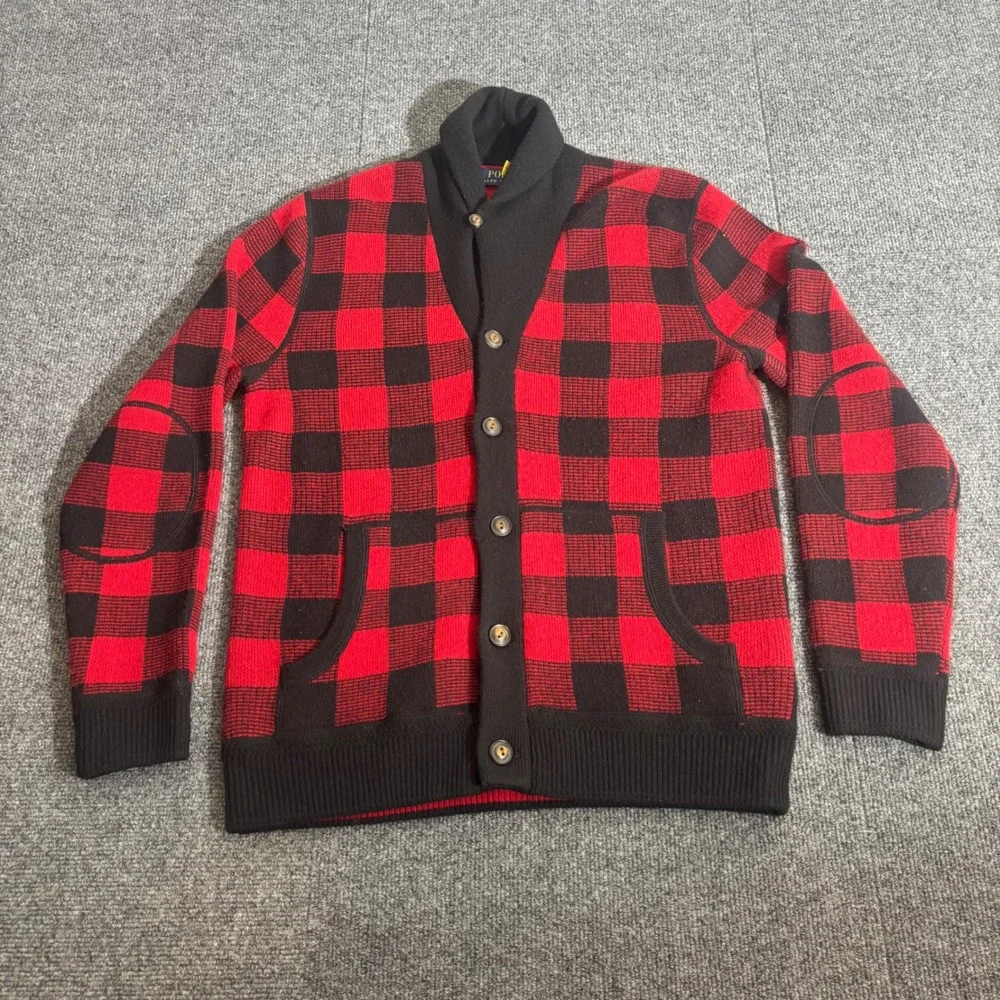 Polo Ralph Lauren Mens Red Buffalo Plaid 100% Wool Shawl Cardigan Sweater Medium